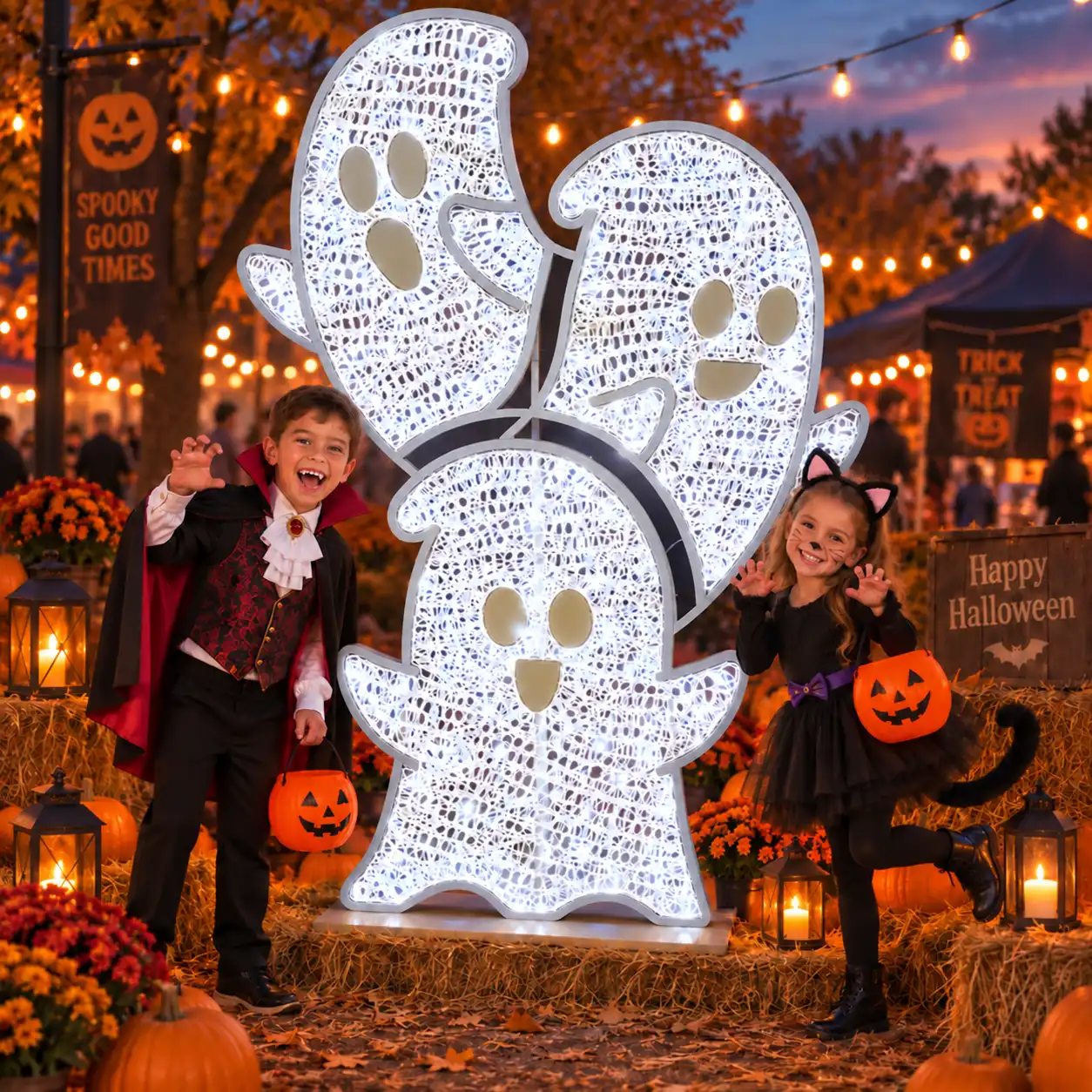Illuminated ghost Halloween display with children at a seasonal event